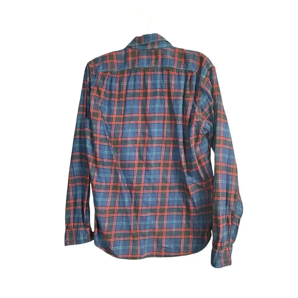 J Crew Flannel Shirt Slim Pockets Cotton Plaid Blue Green Red L Grunge Unisex